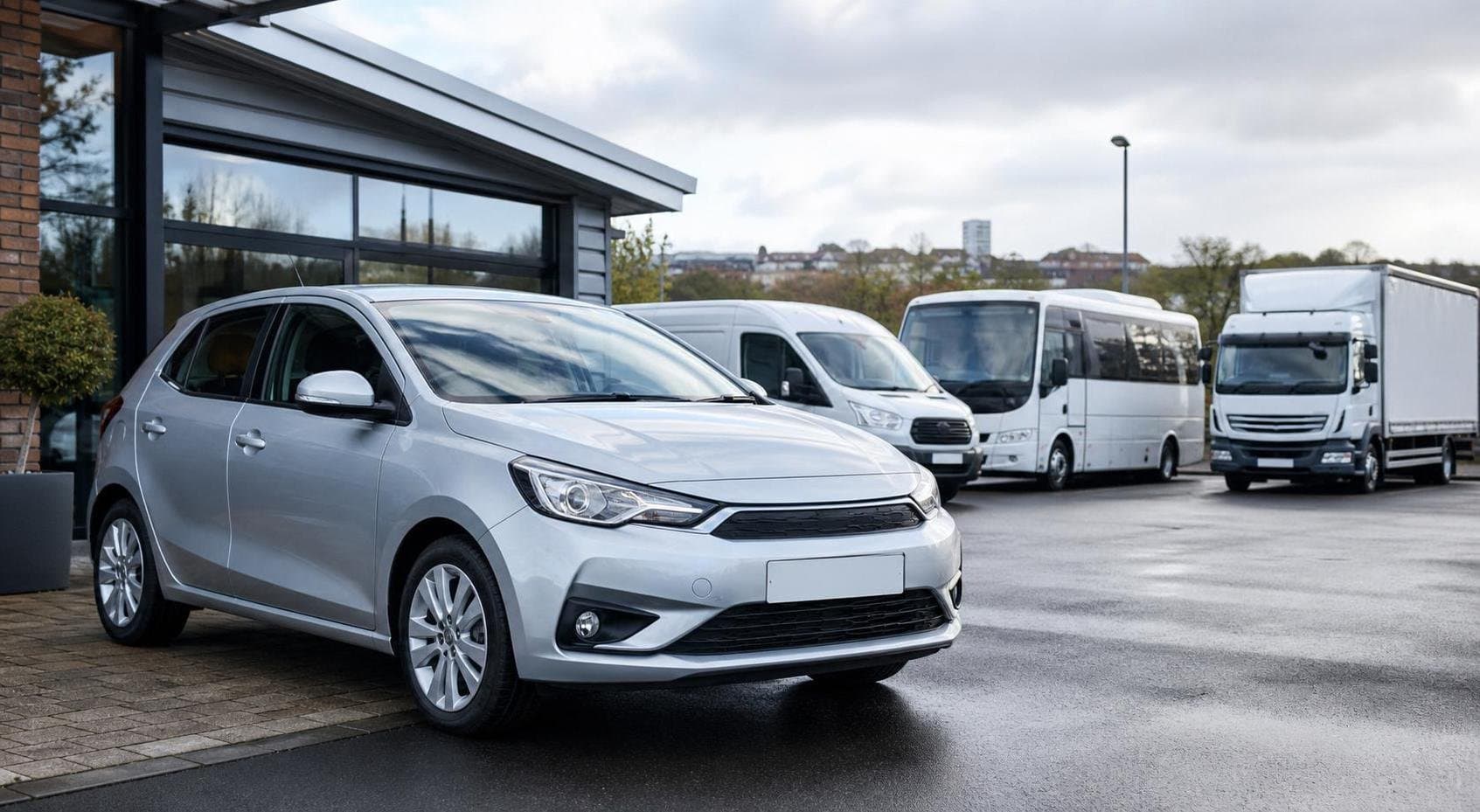 Compact hire car at a modern Sunderland vehicle hire forecourt with van, minibus and truck in the background