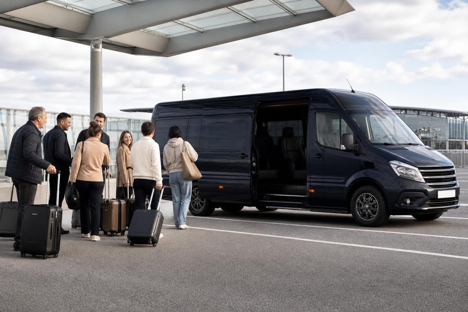Minibus hire scene with passengers and luggage at an airport-style pickup area