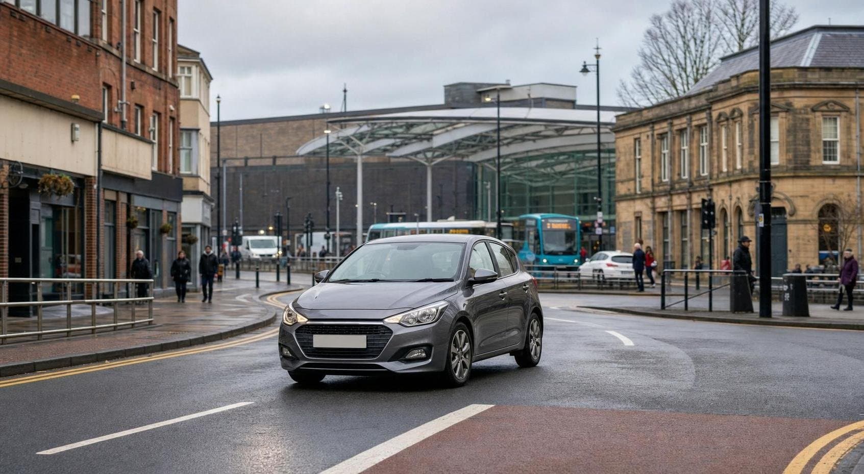 Compact hire car on a busy urban route near Newcastle upon Tyne in a modern city-travel setting