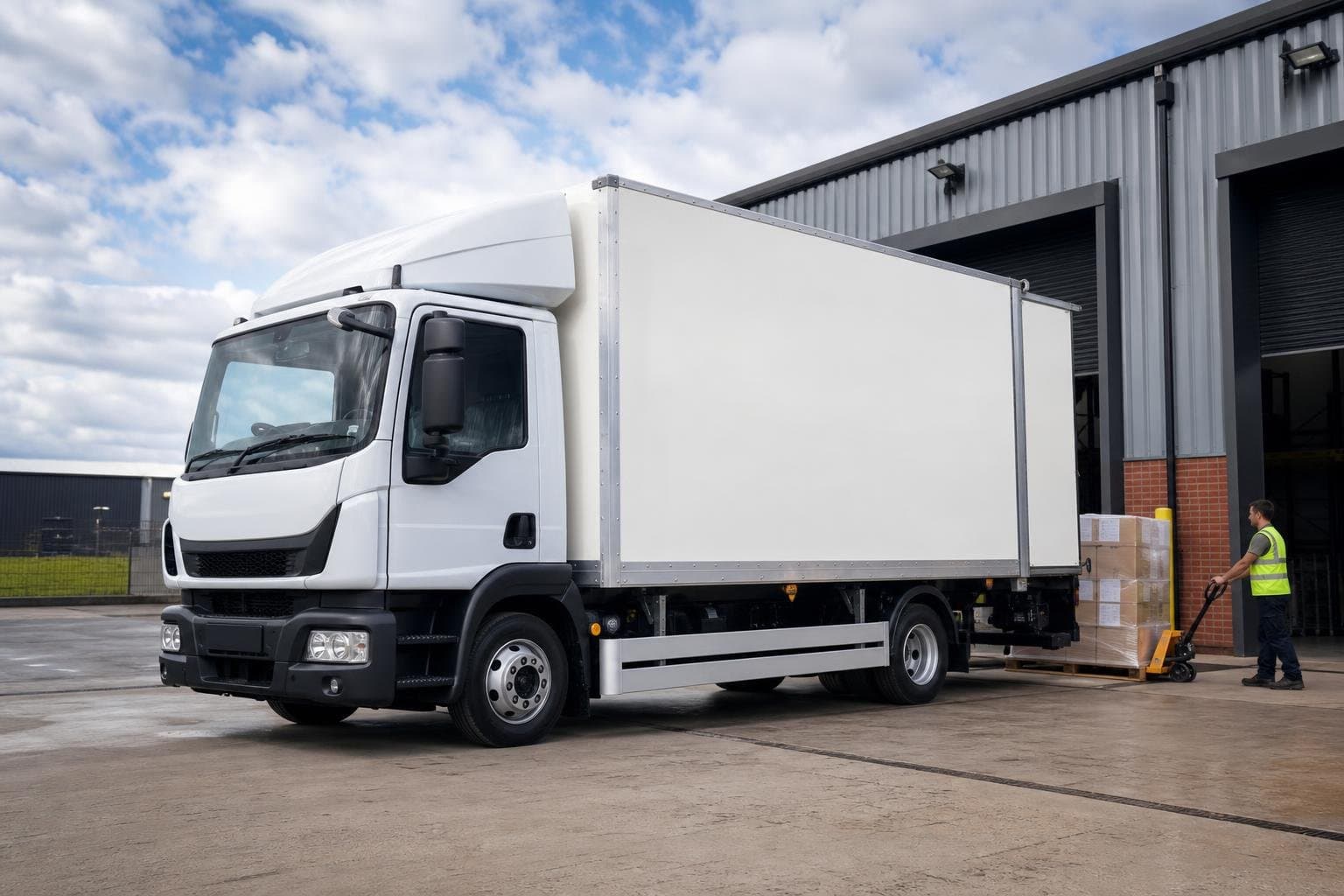 Box truck at a commercial loading area with a worker handling goods on an industrial estate