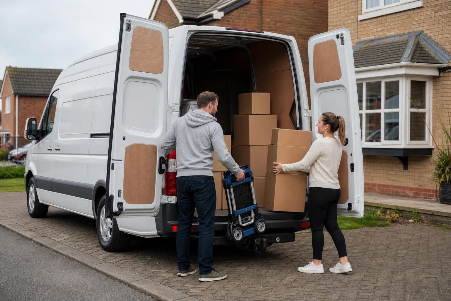 White hire van being loaded with boxes on a residential driveway for a practical moving day